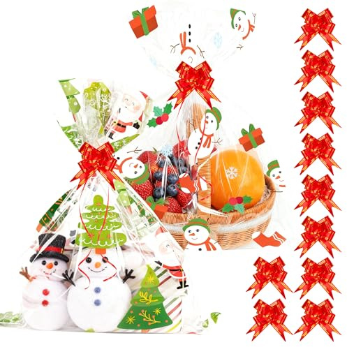 10pcs Large Christmas Cellophane Bags for Hamper 17.7 x 23.6 inch Xmas Clear Cellophane Wrap for Hampers with Bows, Big Gift Basket Hamper Wrapping Cellophane Bags for Christmas Hamper Wrap