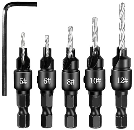 Lanstorm Countersink Drill Bit Set, 5 PCS Quick Change 1/4 inch Hex Shank Countersink Drill Bit, Adjustable Woodworking Countersink Drill Bit with One Hex Wrench, for Wood, Plastic, Composite Panels
