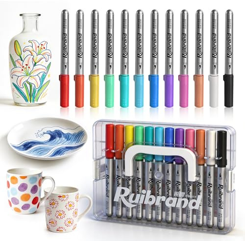 Trukafie Stylos en porcelaine résistants au lave-vaisselle, set de peinture en céramique 12 couleurs Stylos en céramique résistants au lave-vaisselle pour la peinture de poterie, tasses, verre