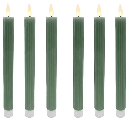 Relaxdays LED Stabkerzen, 6er Set, HxD: 25 x 2 cm, flackernde Flamme, Echtwachs, mit Rillen, flammenlose Kerzen, Khaki