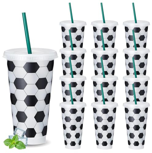 Yuragim 12er Set Fußball Becher 710ml/24oz Wiederverwendbare-Plastikbecher mit Deckel und Strohhalm, Mehrweg-Plastic-Tumbler für Party, Erwachsene Kinder Partybecher Trinkbecher für Getränke Eiskaffee
