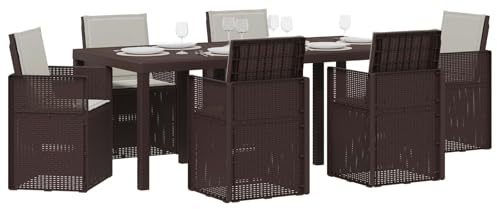 vidaXL Garten Essgruppe mit Kissen 7 pcs Braun und Hellgrau PP, Moderne, wetterfeste, UV-beständige, stylische Gartenmöbel, Essgruppe für die Terrasse, langlebige Sitze