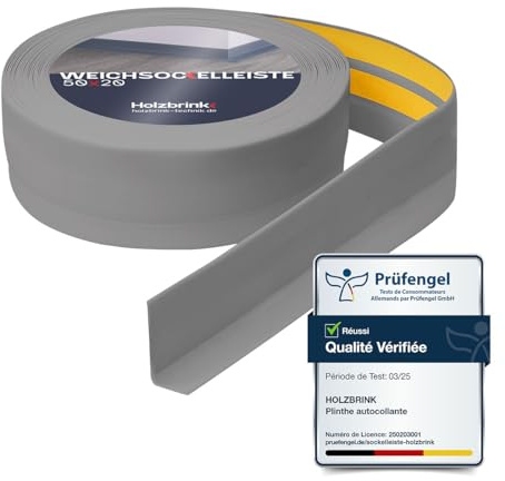 HOLZBRINK Weichsockelleiste selbstklebend PVC 50x20mm, 10 m | Winkelleiste für Küchenarbeitsplatte, Bodenbelag | Eckleiste selbstklebend | Farbe: Hellgrau