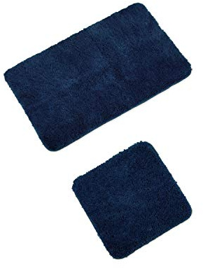 WohnDirect Badematten Set - WC Vorleger (45x45cm), Badematte (50x80cm) - rutschfest waschbar Badezimmerteppich OHNE WC-Ausschnitt - Dunkelblau