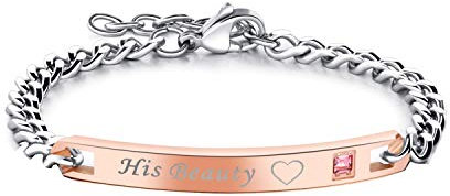 JewelryWe Schmuck Damen Partner Armband, Lieben Freundschaftsarmband Valentinstag Paar Geschenke, His Beauty Schrift Herz, Edelstahl Zirkonia, Rosegold Silber, kostenlos Gravur