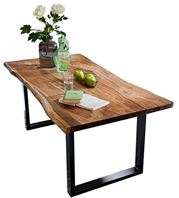 SAM Esszimmer-Tisch Mephisto 160 x 85 cm, nussbaumfarbig, Akazie Holz-Tisch mit schwarz lackierten Beinen aus Roheisen, Baum-Tisch mit naturbelassene Optik