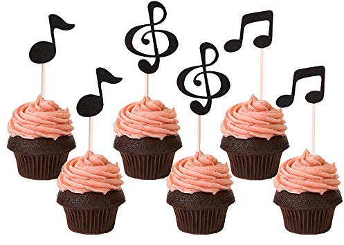 Black Music Notes Cupcake Toppers for Music Themed Party Decorations, 36CT