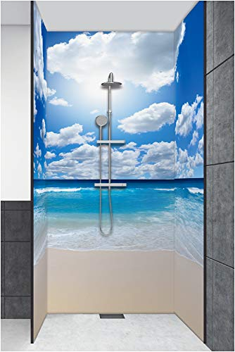 ARTland Duschrückwand Eck mit Motiv Fliesenersatz Alu Rückwand Dusche Verkleidung wasserfest Duschwand Bad 3 Segmente Wunschmaß Karibik Malediven Strand Meer Sonne T8KG