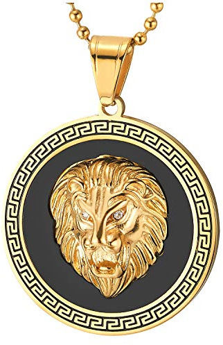 COOLSTEELANDBEYOND Edelstahl Löwenkopf Kreis Anhänger Halskette mit Zirkonia, Schwarz Onyx, Griechischen Schlüsselmuster, Gold Schwarz