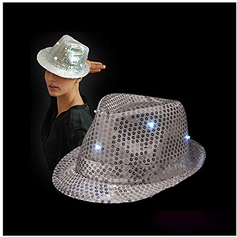 BLINXS LED Paillettenhut/Disco-Hut - silber - mit acht LEDs - leuchtend für Erwachsene/Unisex - mit auswechselbaren Batterien