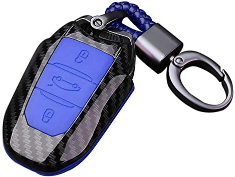 Happyit ABS Kohlefaser-Schale + Silikon Autoschlüssel Case Abdeckung Schlüsselbund für Peugeot 301 308 408 508 2008 3085 3008 307 206 3 Tasten (Blau)