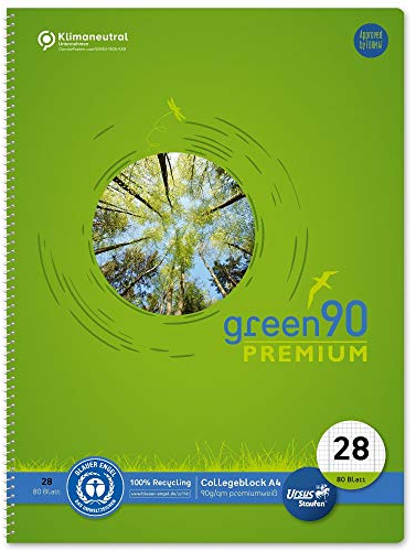 Staufen premio Collegeblock - 1 Block, 80 Blatt, DIN A4, Lineatur 28 (kariert mit Randlinien), 4-fach Lochung, 90 g/m² Recyclingpapier