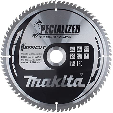 Makita B-67290 EFFICUT Kreissägeblatt Ø 260 x 2,15 x 30 mm, 80 Zähne, 10° Zahnwinkel, für saubere und schnelle Schnitte in Holz, für Akku-Kapp- und Gehrungssägen