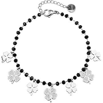 Ouran Four Leaf Clover Bracelet for Women, Rose Gold and Silver Plated Stainless Steel Chain with Black Crystal Charm Wrist Bracelet Gift for Friends, Mom