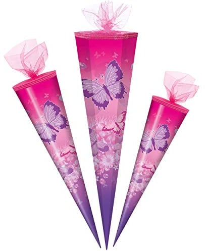 alles-meine.de GmbH 3D Glitzer - Schultüte Form & Größenwahl Schmetterlinge & Blumen - rosa - pink - 85 cm - eckig - Tüllabschluß - Zuckertüte - mit/ohne Kunststoff Spitze..