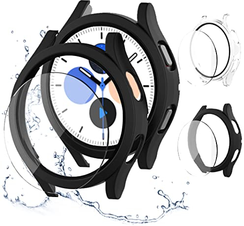 JZK Hülle Kompatibel für Galaxy Watch 5/4 44mm,【2+2 Stück】 Hart PC Schutz Hülle und 2 HD Gehärtetes Displayschutz Folie,Smartwatch Zubehör für Samsung Galaxy Watch 5/4 44mm Schutzhülle(Klar+Schwarz)