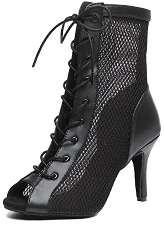 LITNERMIA Damen Tanzstiefel Party Performance Ballsaal Schnürschuhe Mesh Latein Dance Peep Toe Schuhe, Al503 Absatz, Schwarz, Größe 8, 5 cm,40 EU