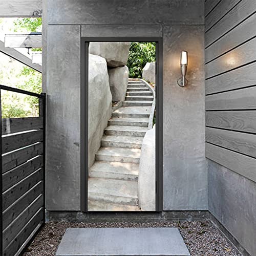 WSDJ 3D Sticker Porte, Trompe L'oeil Effet Autocollant, Marches en Pierre Dans le Jardin Poster Vacances Auto Adhésif PVC Peint Art Mural Papier Décoration 70 X 200 cm Argent