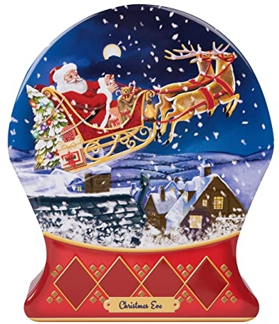 POWERHAUS24 weihnachtliche Blechdose in Form Einer Schneekugel mit Santa, Schlitten & Rentier, Geschenk, Aufbewahrung, Deko, lebensmittelecht, ca. 19 cm x 16 cm, 2 Rezepte inklusive