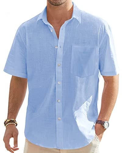 J.VER Mens Linen Shirts Short Sleeve Summer Casual Lightweight Cotton Regular Fit Beach Button Down Shirt for Men with Pocket Blue XL