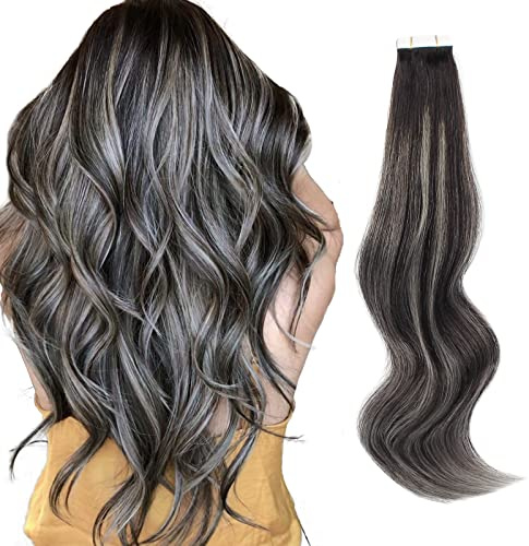 ABH AMAZINGBEAUTY HAIR Balayage Tape in Hair Extensions Natural Black Fading to Silver Grey Double Sided Seamless Skin Wefts Human Hair For Women 50g 20pcs 20 Inch | 20 Pcs 50g Double Sided, Ombre Natural Black to Silver, Skin Weft, Remy Human Hair, Pre Taped