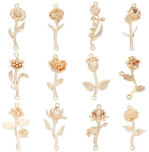 PandaHall 12 Stück Goldene Blumenglieder, 18K Vergoldete Messing-Blumen-Verbindungs-Charms Pflanzen-Anhänger-Anschlüsse Doppelloch-Anhänger-Charms Für DIY Halskette, Armband, Schmuck, Basteln
