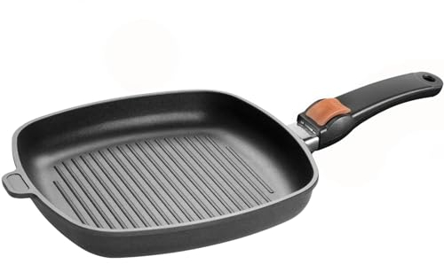 SKK Aluguss Grillpfanne 28x28 cm - induktionsgeeignet - viereckige Antihaft Steakpfanne gerippter Pfannenboden & abnehmbarer Griff - Made in Germany