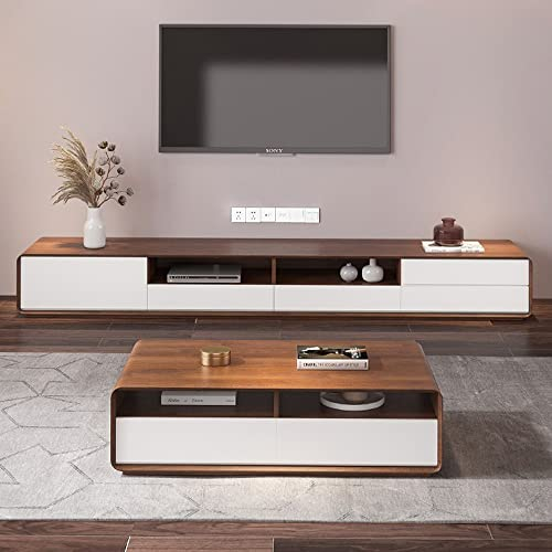 POVISON TV Lowboard 200cm für Wohnzimmer, TV Schrank modern aus Massivholz, mit 4 Schubladen, offenes Aufbewahrungsmöbel, Walnussfurnier, komplett montiert
