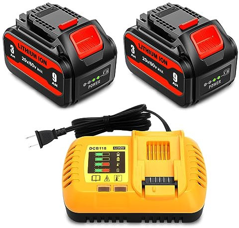 Lizone 2 Pack 20V/60V Max* 9Ah DCB609 Battery and DCB118 Fast Charger Combo for Dewalt 20V/60V MAX* Tools
