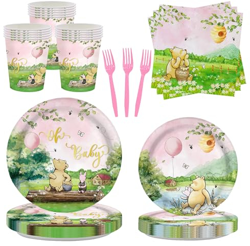 AURORAPARTY 120pcs Winnie Bear Baby Shower Decorations Pooh Plates Girls Birthday Party Supplies Vintage Bear Cups Baby Newborn Pink Disposable Paper Tableware Set for 24 Guests