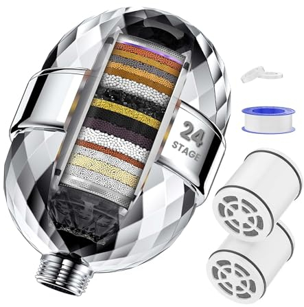 Filtre de douche 24 étapes avec vitamine C pour l'eau dure - pour adoucisseur d'eau avec cartouche filtrante à plusieurs étapes remplaçable pour éliminer le chlore les métaux lourds