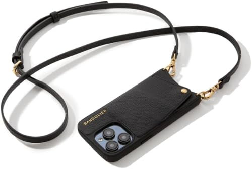 Bandolier Emma Crossbody Wallet Phone Case for iPhone 15 Pro Max. 100% Genuine Pebble Leather. Adjustable & Removable Crossbody Strap. Card Holder with Snap Closure. Black with Gold Hardware