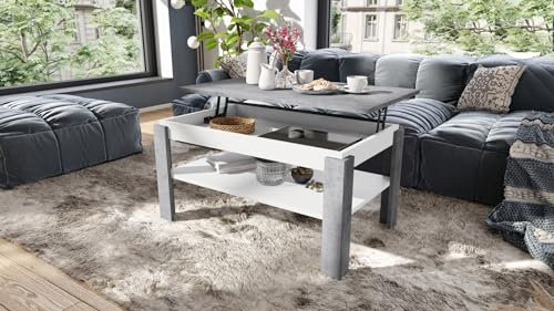 designimpex Design Couchtisch Tisch Asti-P höhenverstellbar 55-67cm Esstisch, Farbe:Beton - Weiß matt