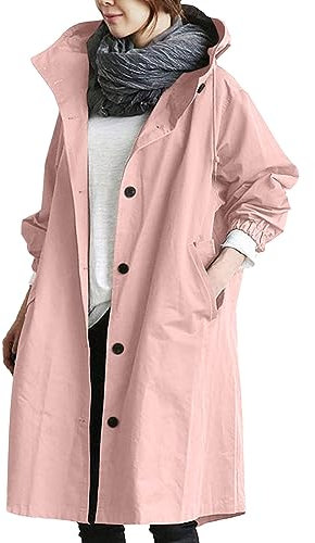 Veste de pluie légère et longue pour femme Trench à boutons de couleur unie avec capuche Coupe-vent à coupe ample Imperméable décontracté avec poches Grandes tailles S à 5XL, A - Rose, M