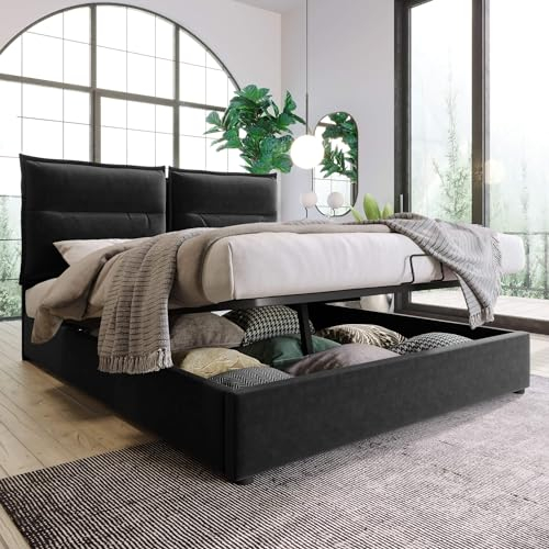 MQGPM Boxspringbett Doppelbett Hydraulisch 140x200cm, Polsterbett mit Großer Stauraum & Verstellbares Kopfteil, Stauraumbett Rückenlehne Bett Samt Modernes Bettgestell Schwarz (Ohne Matratze)