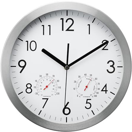 WOOPHEN 12 Inch Wall Clock with Temperature and Humidity, Battery Operated Non Ticking Silent Metal Frame Wall Clocks for Office, Home, Bathroom, Kitchen, Bedroom, School, Living Room(White)