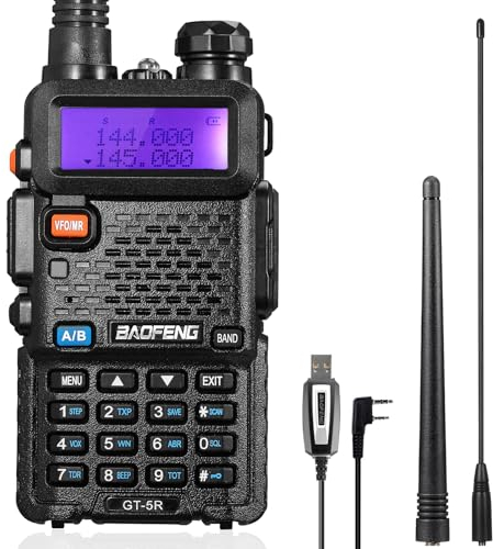 BAOFENG GT-5R Walkie Talkie, Radio Bidireccional UHF VHF con 144-146/430-440MHz, Walkie-Talkie de Largo Alcance con 128 Canales, Batería de 1800mAh, Auricular, Antena de 396mm, Cable de Programación