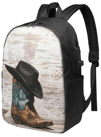TRESILA Zaino per computer portatile da 17 pollici, da viaggio, lavoro, con porta di ricarica USB, borsa leggera per computer portatile, impermeabile, con ciliegie rosse, Cappello da cowboy e stivali,