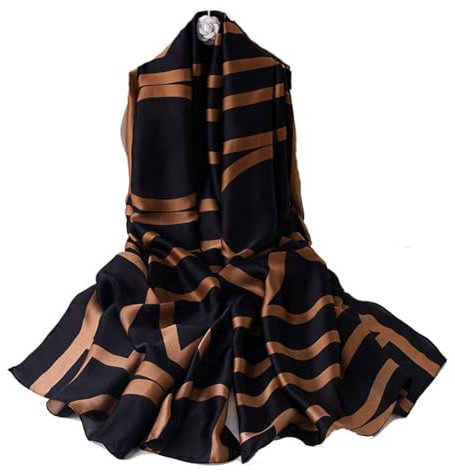 Yurosiay Seidenschal Damen Mode Dünn Seidenimitat Damenschal Satin Halstücher Elegant Business Seidentücher Weiche Leicht Schal Stola Strandtuch Sommerschal für Frauen 90×180cm Schwarz+Gold