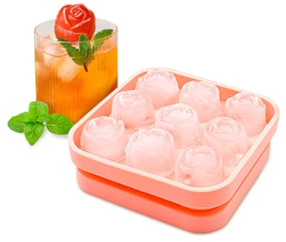 Kellegour Silikon Eiswürfelform Rose,Eiswuerfel Form 9-Fach Ice Cube Tray,Eiswürfelform Silikon Rose,Rose Eiswürfelbehälter mit Deckel,für Gekühlte Getränke,Bier,Cocktails und Saftgetränke,Rosa