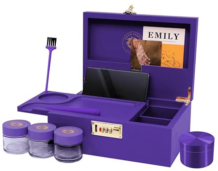 Chiko Chako® Premium Bambus Box – Abschließbare Holzbox mit Zahlenschloss inkl. Kräutermühle Zubehör & 3 Vorratsgläsern | Lila