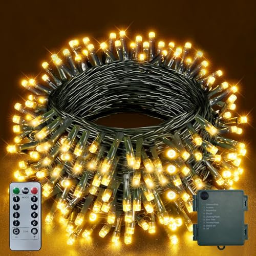 YIFMOO Lichterkette Batterie, 10M 100LED Lichterkette Außen Innen mit Timer | 8 Modi Weihnachtsbeleuchtung mit Fernbedienung, Grünes Kabel Lichterketten für Weihnachten Garten Partys Deko, Warmweiß