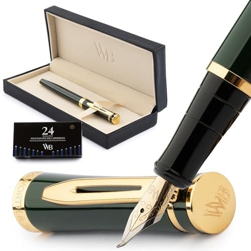 Wordsworth & Black Fountain Pen Set, Bent Nib, Includes 24 Pack Ink Cartridges, Ink Refill Converter & Gift Box, Calligraphy, [Racing Green], Perfect for Men & Women
