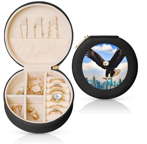 Schmuckkästchen mit Adler mit Flügeln, Reise-Schmuck-Organizer, für Damen, für Halsketten, Ohrringe, Ringe, Accessoires, Aufbewahrung (schwarz, rund)
