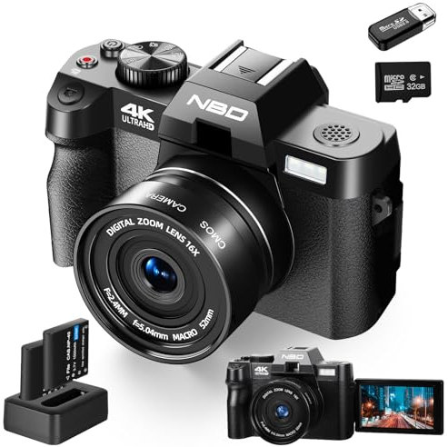 NBD Digital Cameras for Photography, 48MP 4K Vlogging Camera with 180° Flip Screen,WiFi, 60FPS Autofocus Travel Camera,Compact Camera 32GB TF&2 Batteries Included,Beginner-Friendly