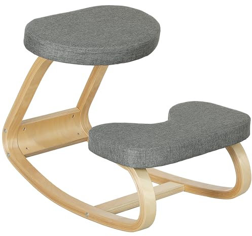 HOMCOM Kniesitz, ergonomischer Schaukelstuhl aus Holz, Kniestuhl für das Heimbüro, Verbesserung der Körperhaltung, Rückenschmerzen, grau