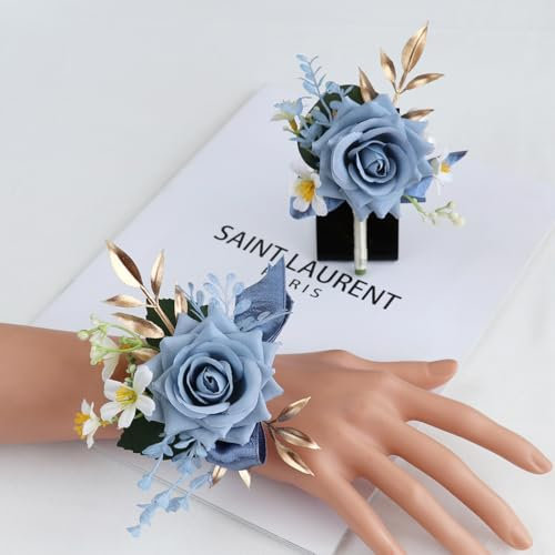 Ansteckblume für Hochzeit, Bräutigam, für Herren, für Braut, Brautjungfer, Handgelenk, Ansteckblume und Handgelenk, Set für Hochzeit, Party, Abschlussball, Heimkehr (blau)