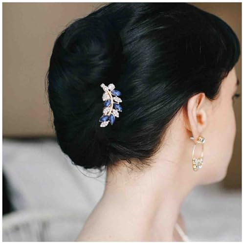 Enautoabs Kristall Braut Haar Kamm Kopfstücke Gold Blau Strass Haar Seite Kamm Funkelnde Blatt Hochzeit Haarnadel Clip Updo Styling Haarkamm Für Brautjungfer Dekorative Haarschmuck Für Frauen