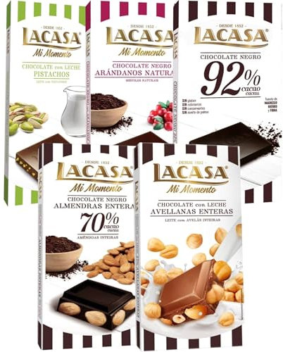 Lacasa pack 5 tabletas de chocolate:leche avellanas , arándanos ,leche pistacho 90g ,cacao 92% , almendra 200g