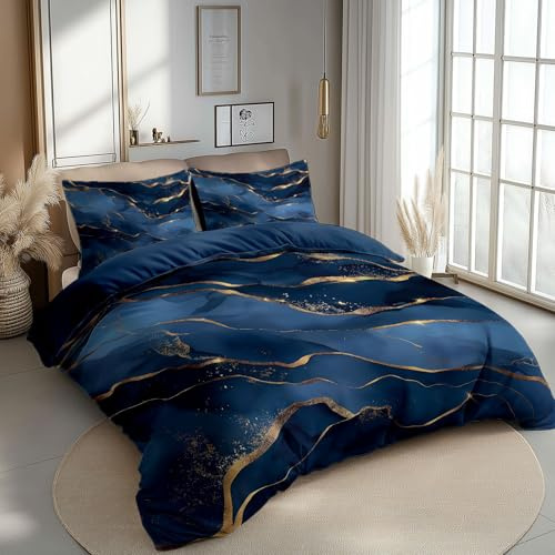 CozyRest Bettbezug 180 x 200 cm Goldstruktur Blauer Marmor Muster 3 Teilig Bettwäsche-Sets Weich mit 2 mal Kissenbezüge 80x80 cm, Minimalistische Tuschemalerei Bettbezug für Allergiker geeignet
